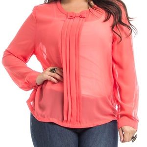 Plus Size Coral Bow Front Pleated Top